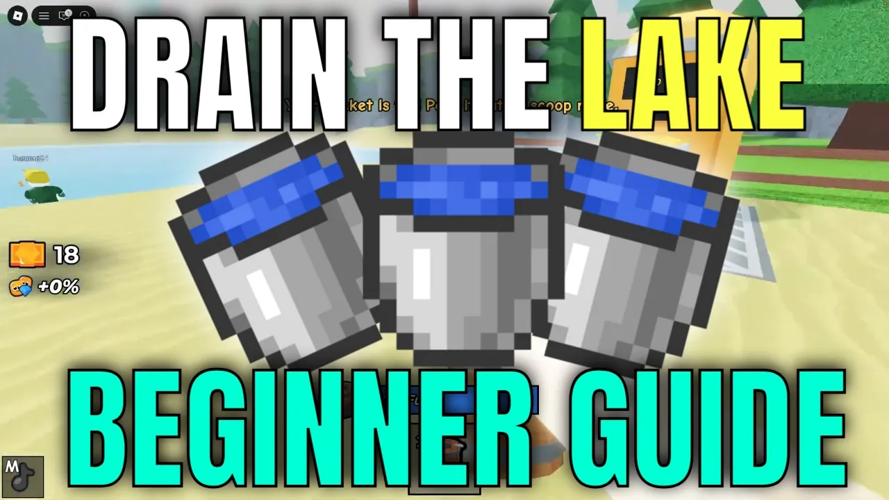 Drain the Lake Roblox gameplay — wooden bucket at the lake with drain station and upgrade computer